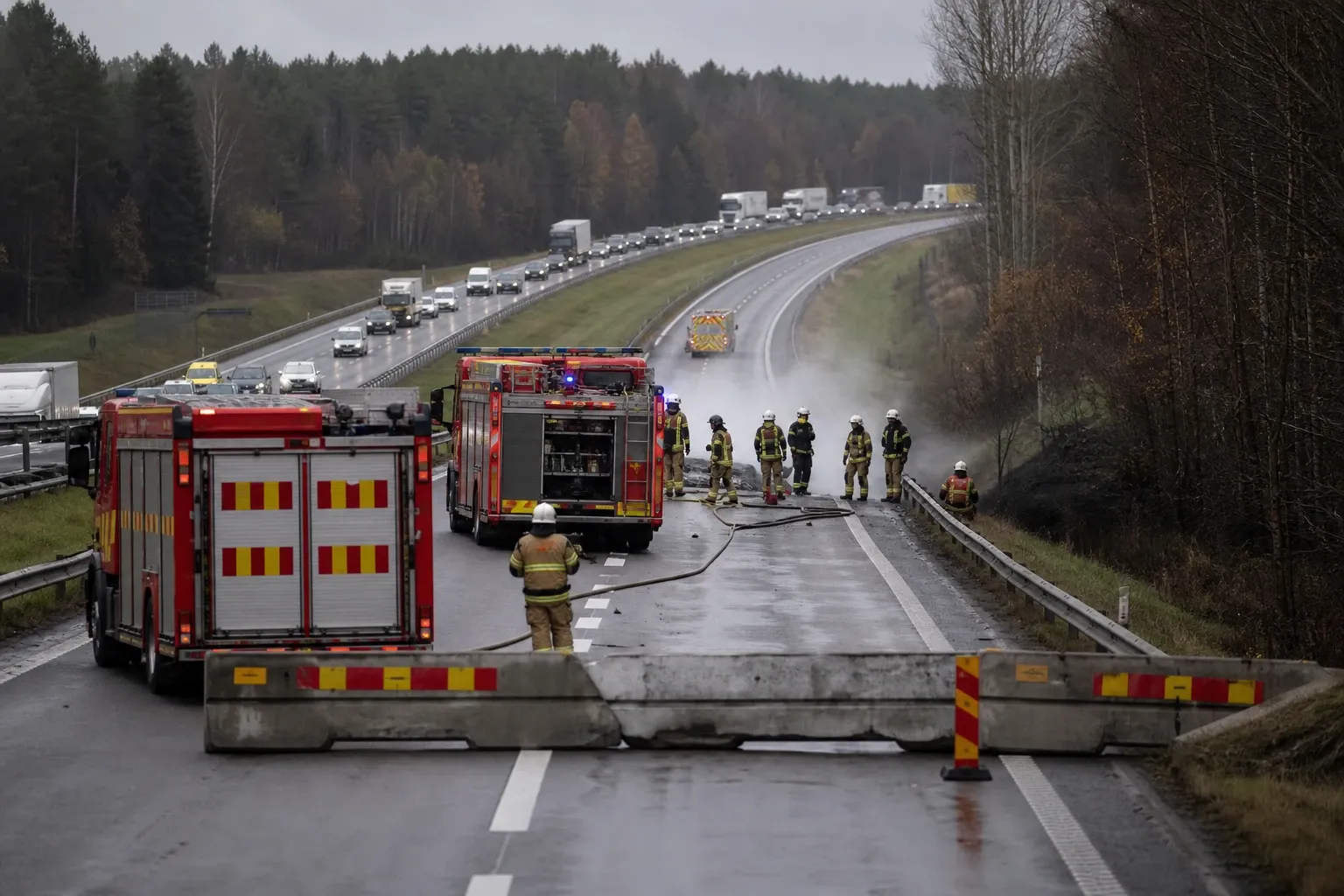 Redaktionell illustration till E20 stängs vid Läggesta under släckningsarbete