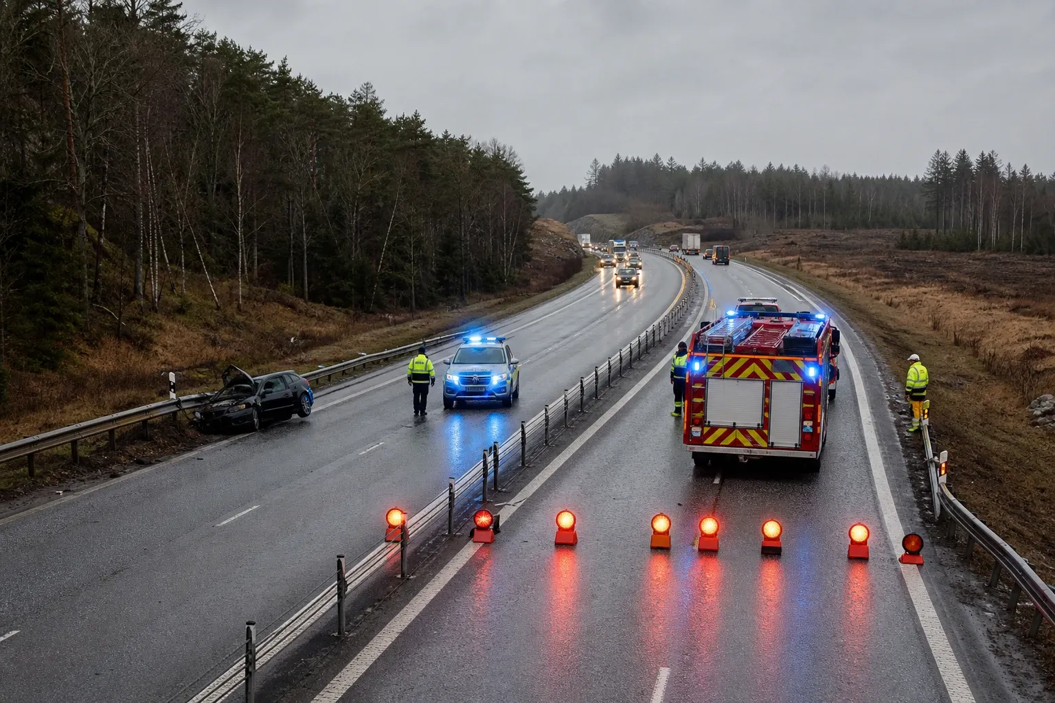 Redaktionell illustration till E22 avstängd vid Listerby efter singelolycka