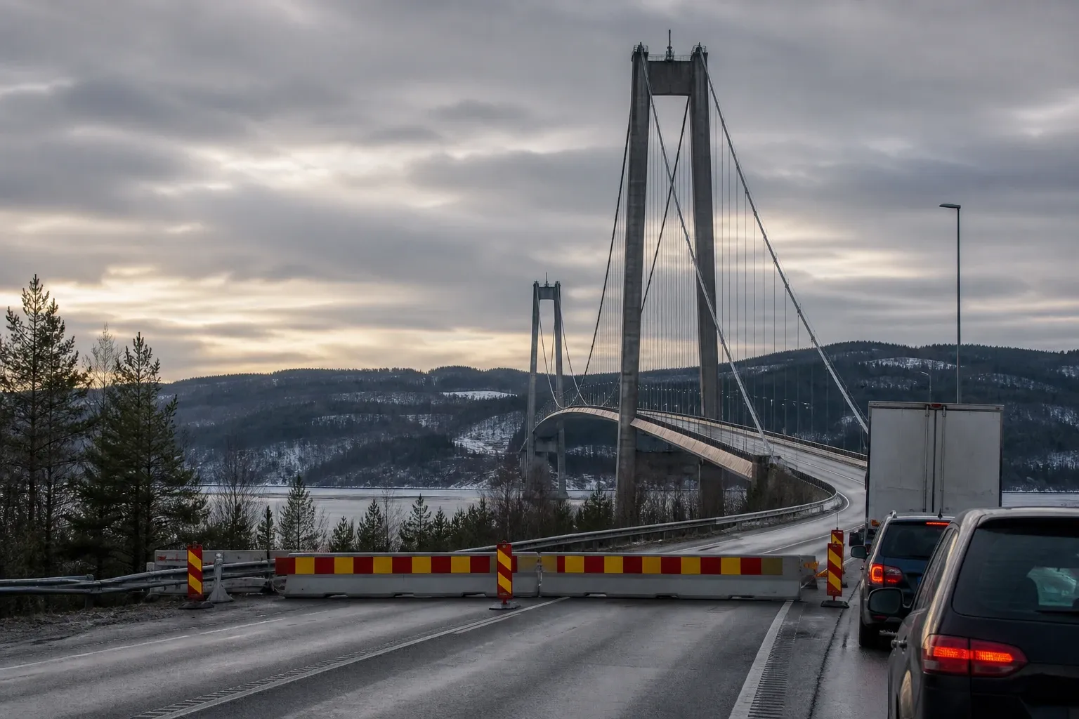 Redaktionell illustration till E4 avstängd norrut vid Högakustenbron