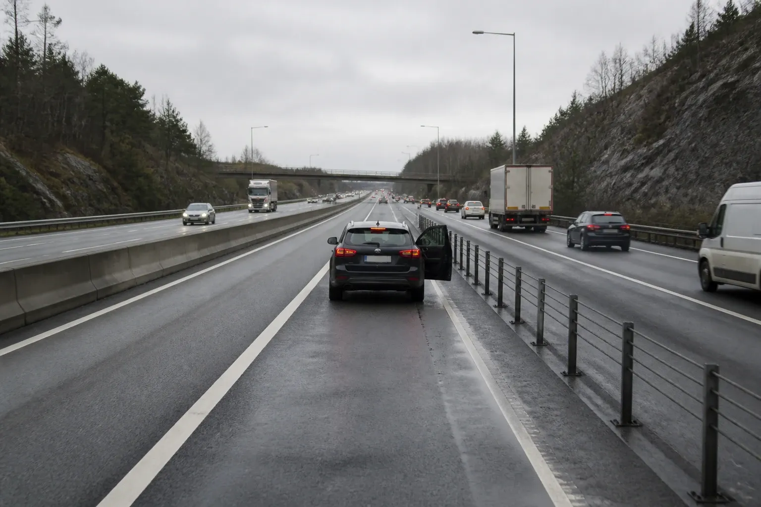 Redaktionell illustration till Fordon står i bussfil på E6 norr om Göteborg