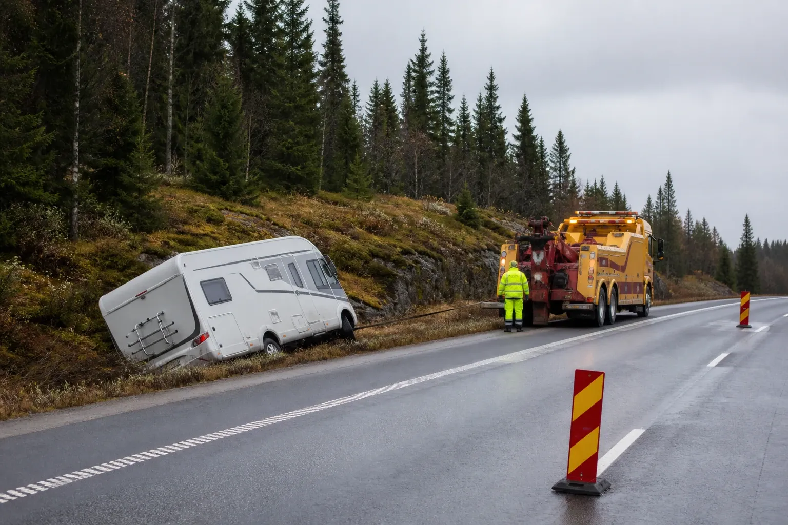 Redaktionell illustration till Husbilsbärgning påverkar E45 norr om Lit