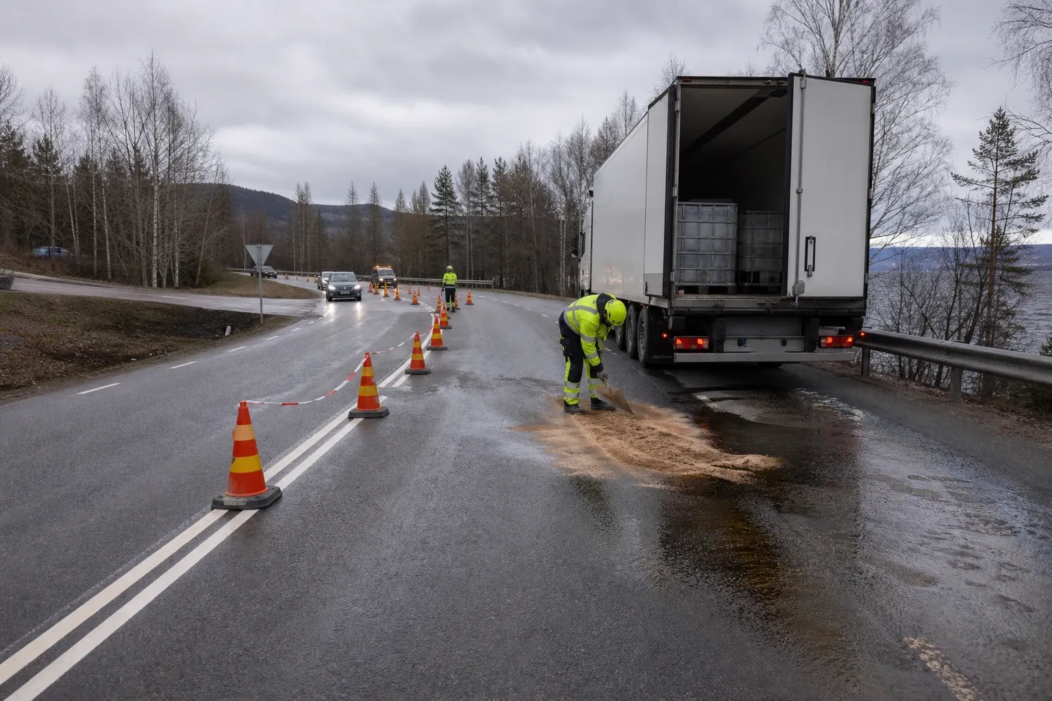 Redaktionell illustration till Lastbilsläckage påverkar väg 70 i Rättvik