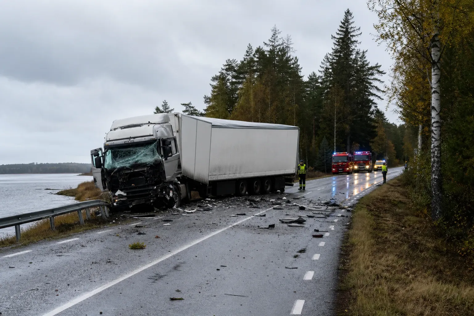Redaktionell illustration till Lastbilsolycka stänger väg 56 vid Fäbodsjön