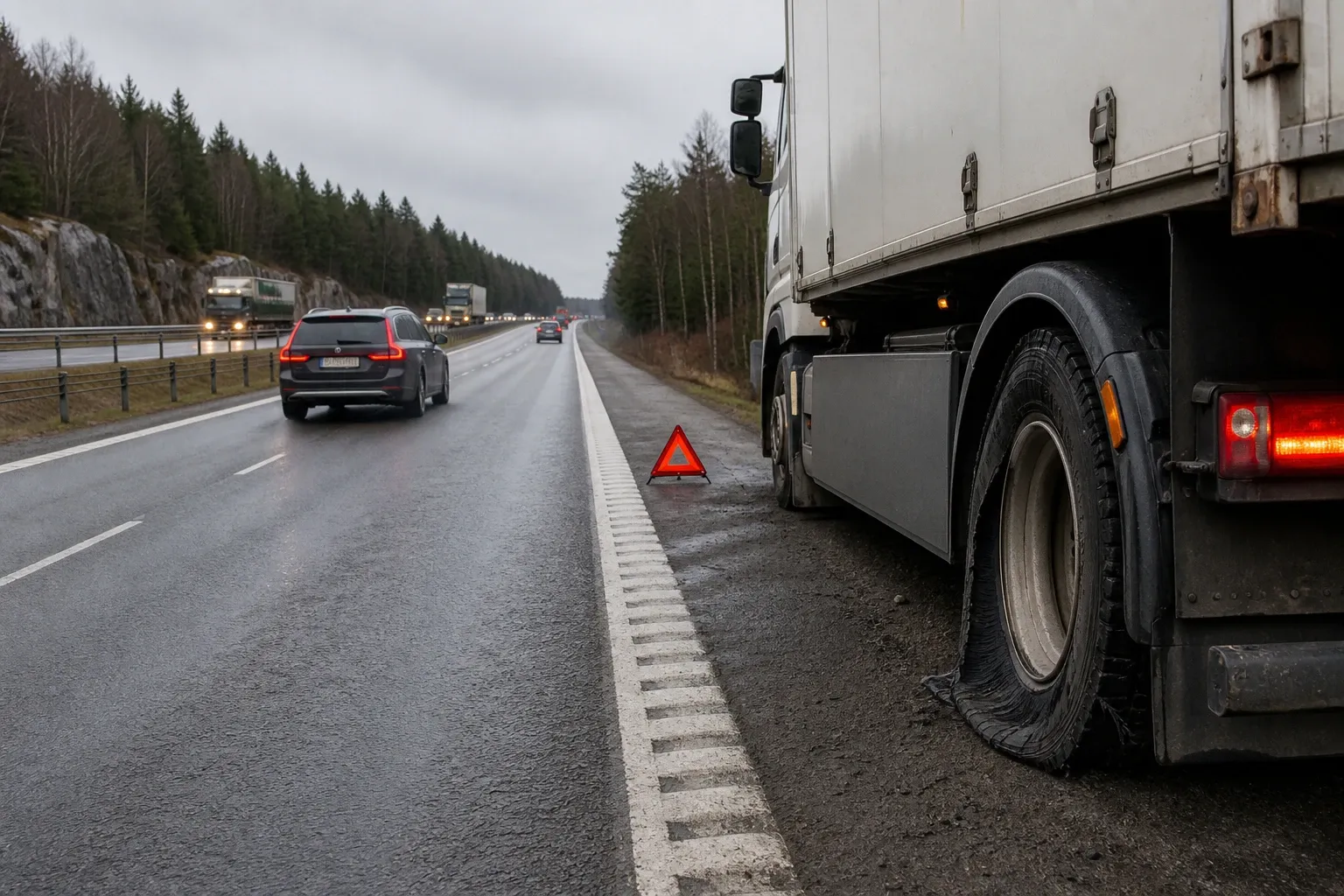 Redaktionell illustration till Lastbilspunktering begränsar framkomligheten på E18