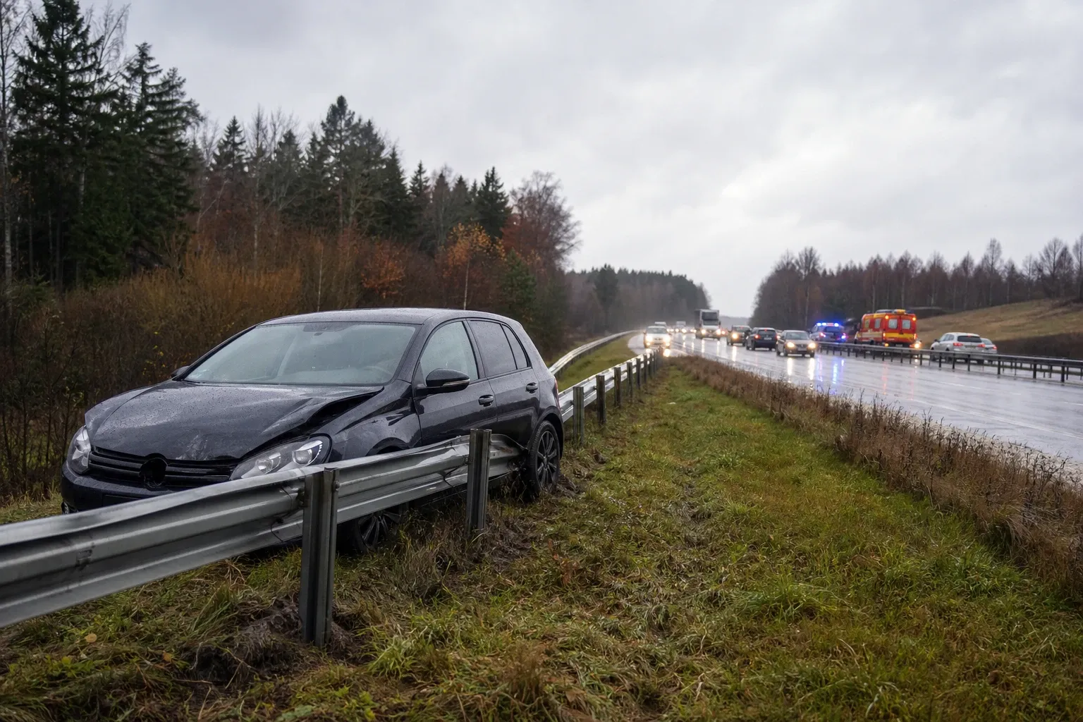 Redaktionell illustration till Personbil i räcke på E20 vid Lyrestad