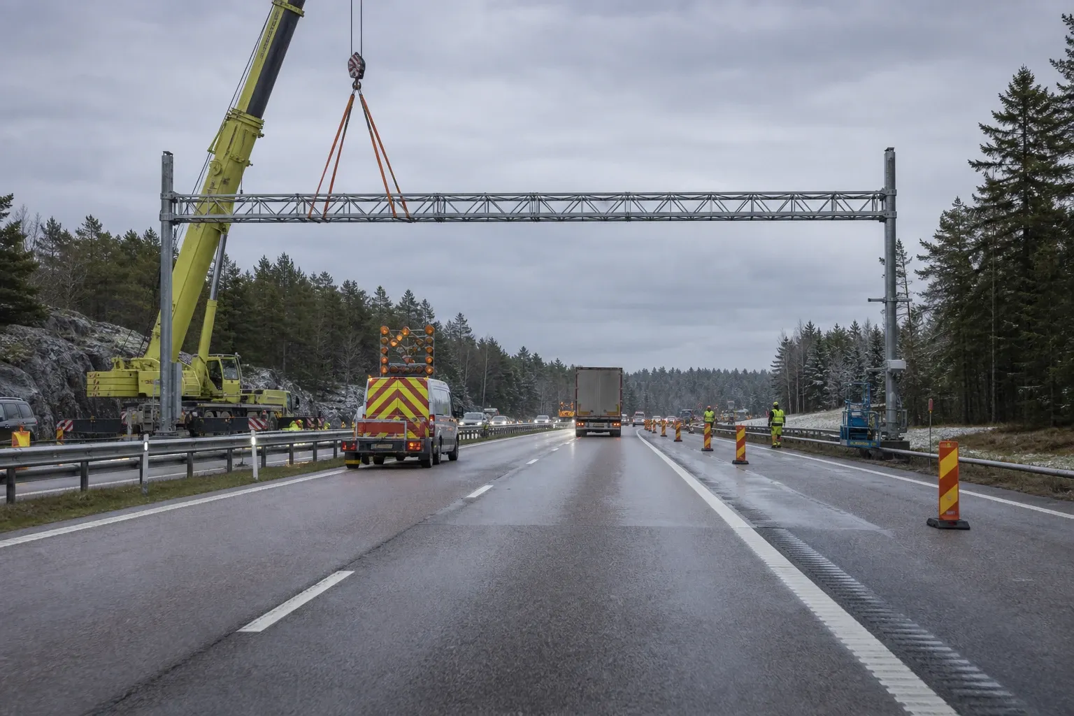 Redaktionell illustration till Portalarbete på E4 mot Södertälje