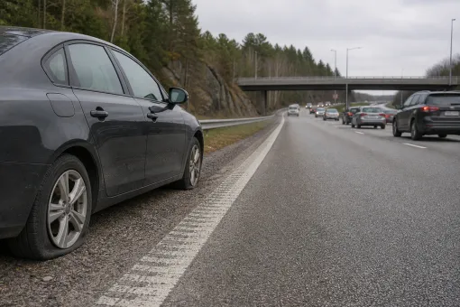 Redaktionell illustration till Punktering på E4 vid Södertälje