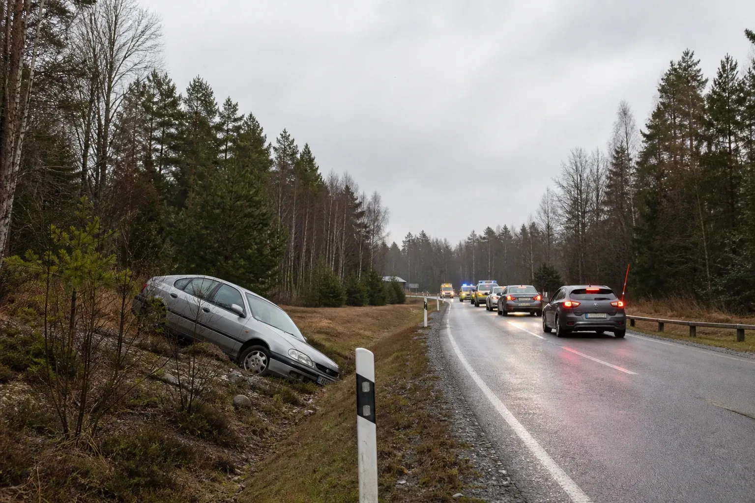 Redaktionell illustration till Singelolycka på väg 34 vid Storebro