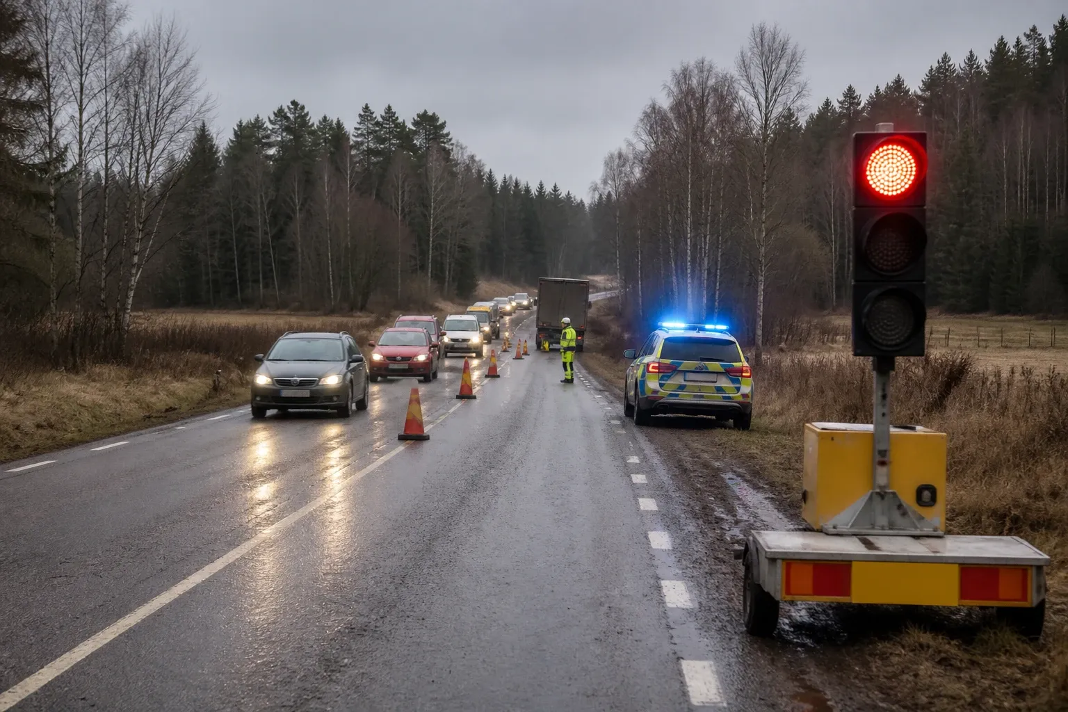 Redaktionell illustration till Växelvis trafik på väg 55 efter trafikincident
