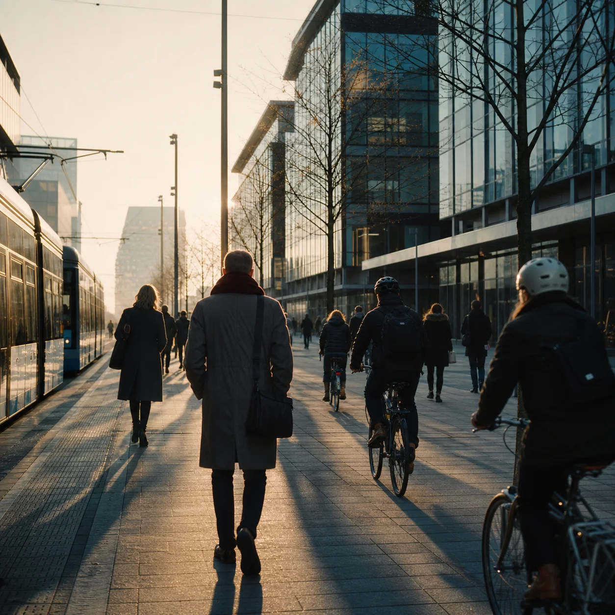 Morgonpendlare på väg in i ett nordiskt kontorsområde.