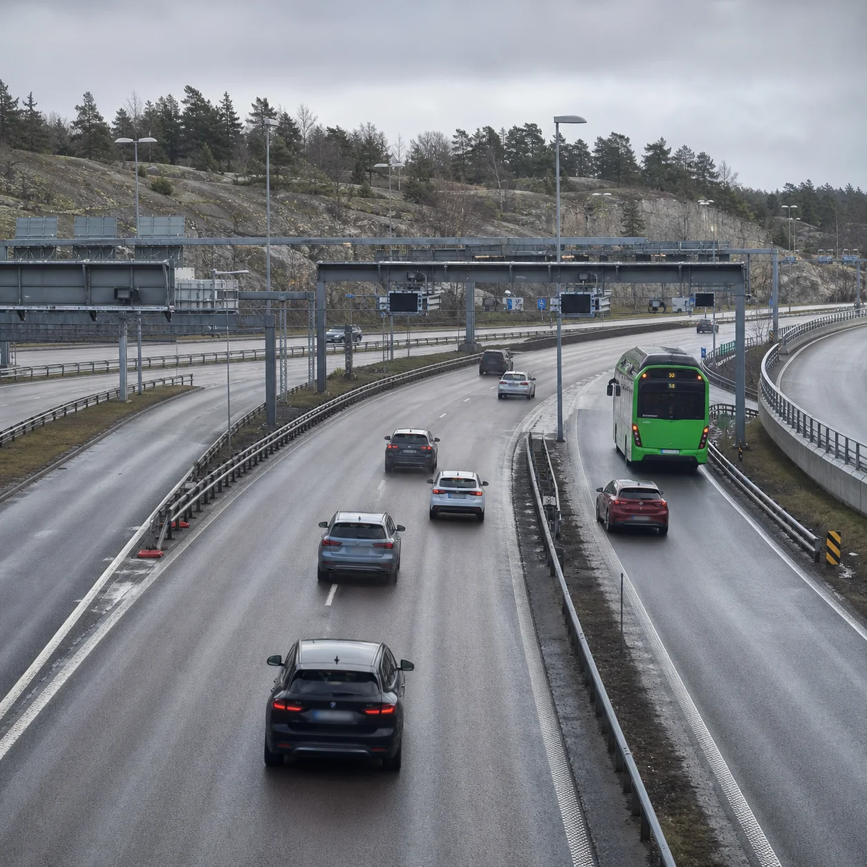 Bilar och kollektivtrafik i en nordisk trafikknutpunkt.