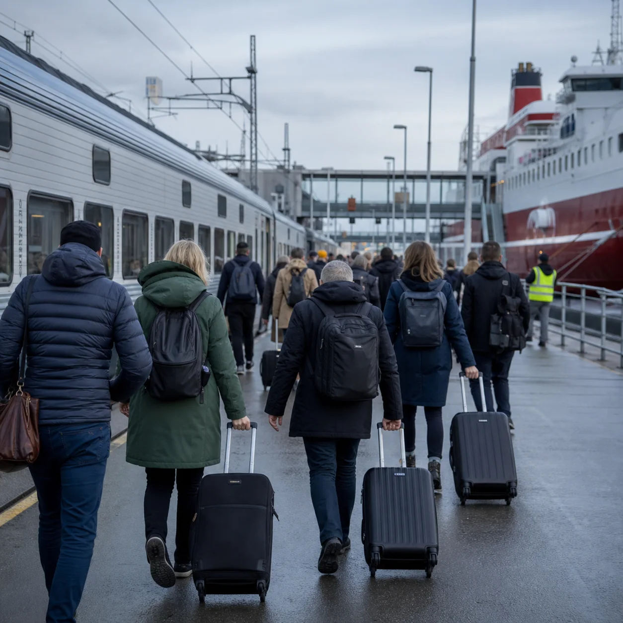 Resenärer byter mellan tåg och färja vid en nordisk terminal.