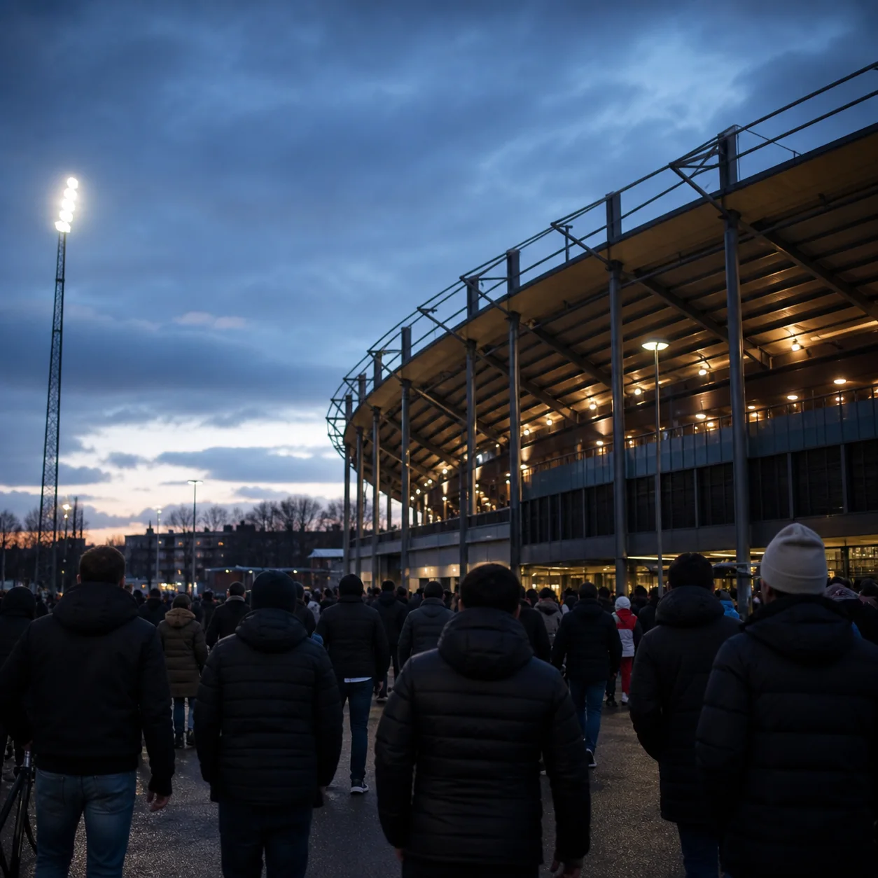 Supportrar anländer till en nordisk arena inför match.