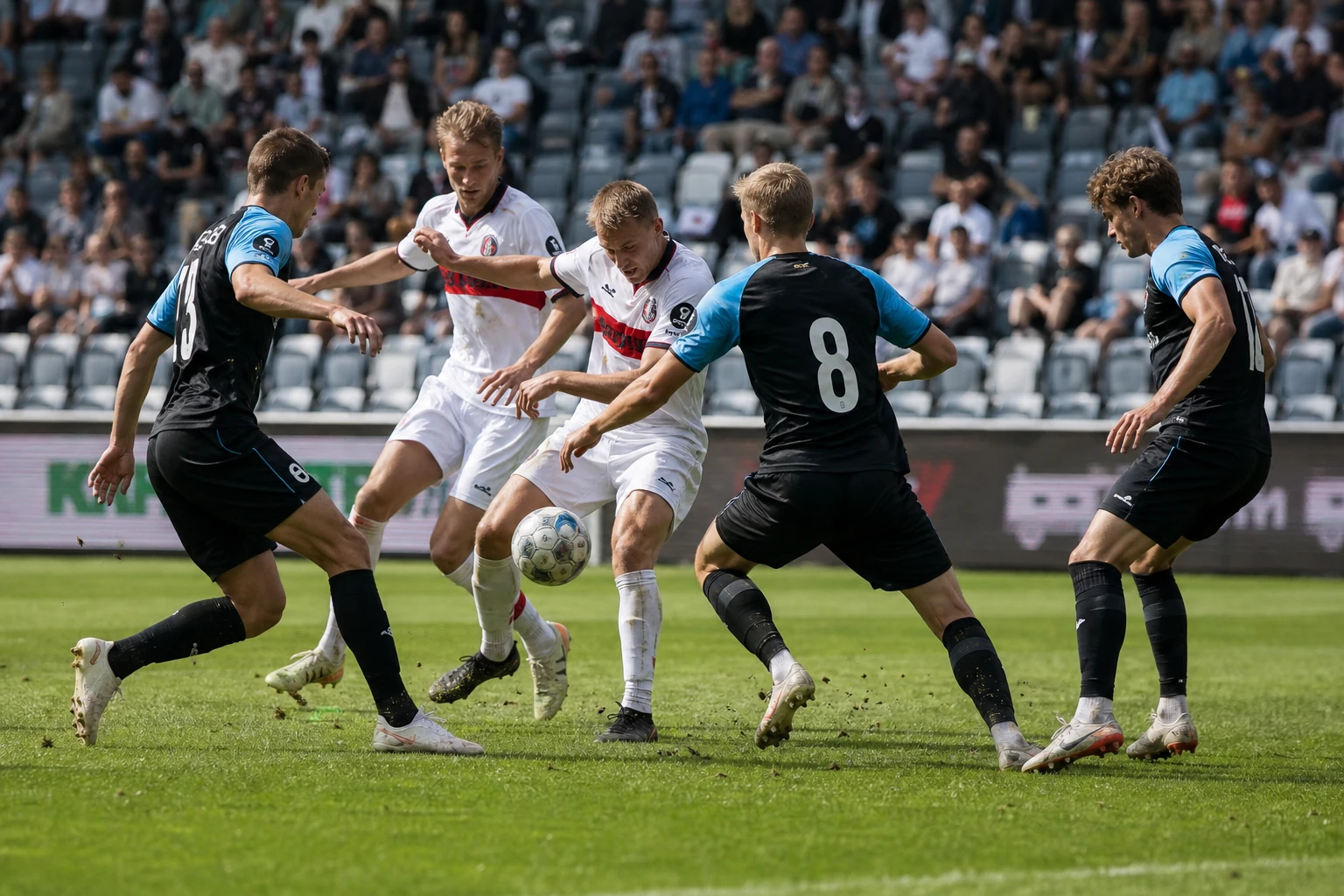 Flera spelare krigar om bollen på mittplan i eftermiddagsljus.