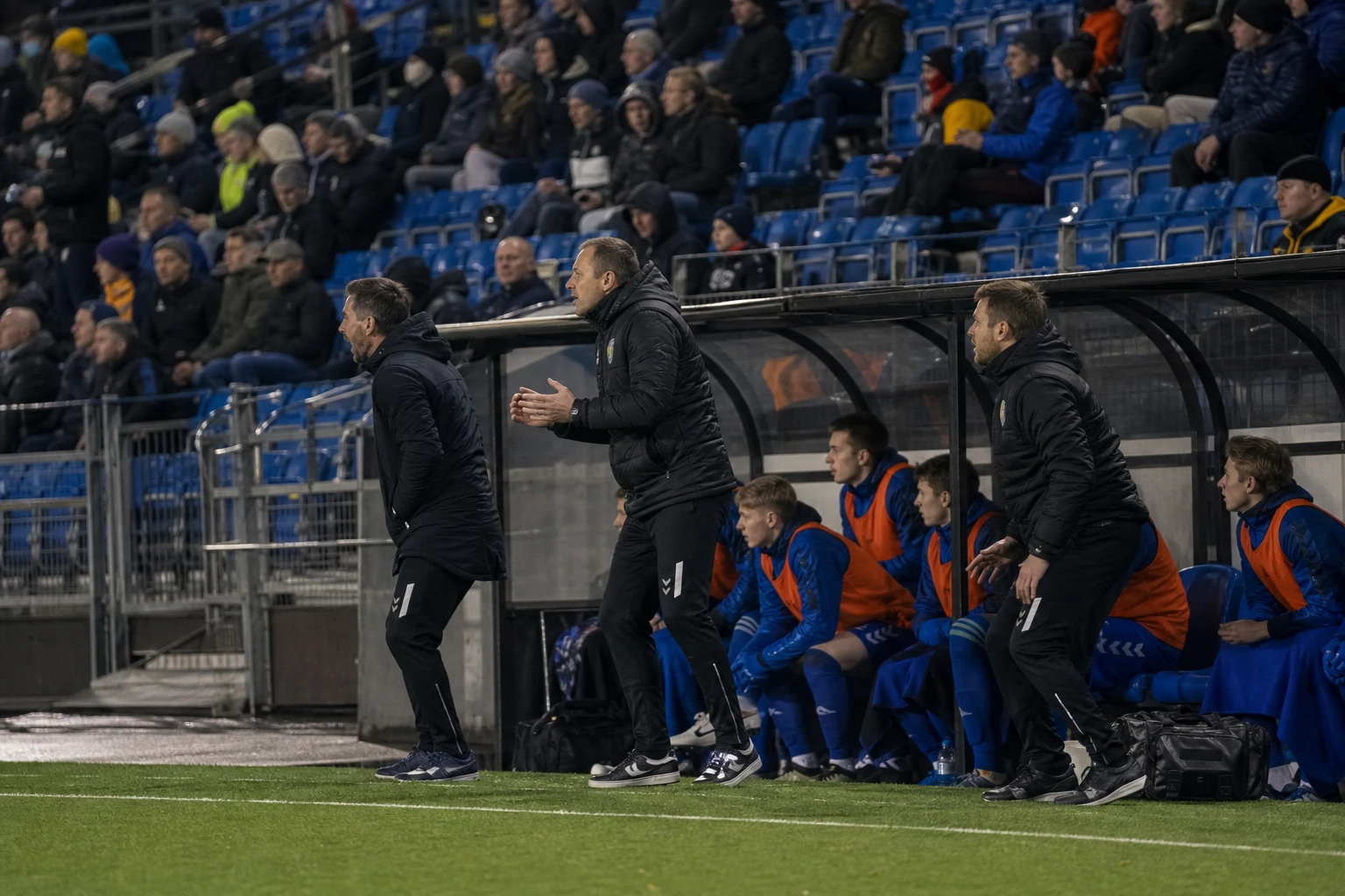 Tränarbänken reser sig i det tekniska området under en kvällsmatch.